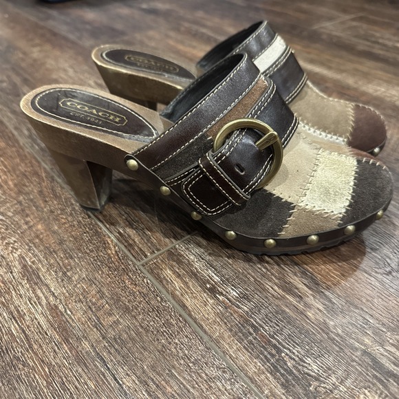 VTG Y2K Women's Coach Sebrina Patchwork Leather Mule Heels Size 8M Brown & Tan - Picture 1 of 9